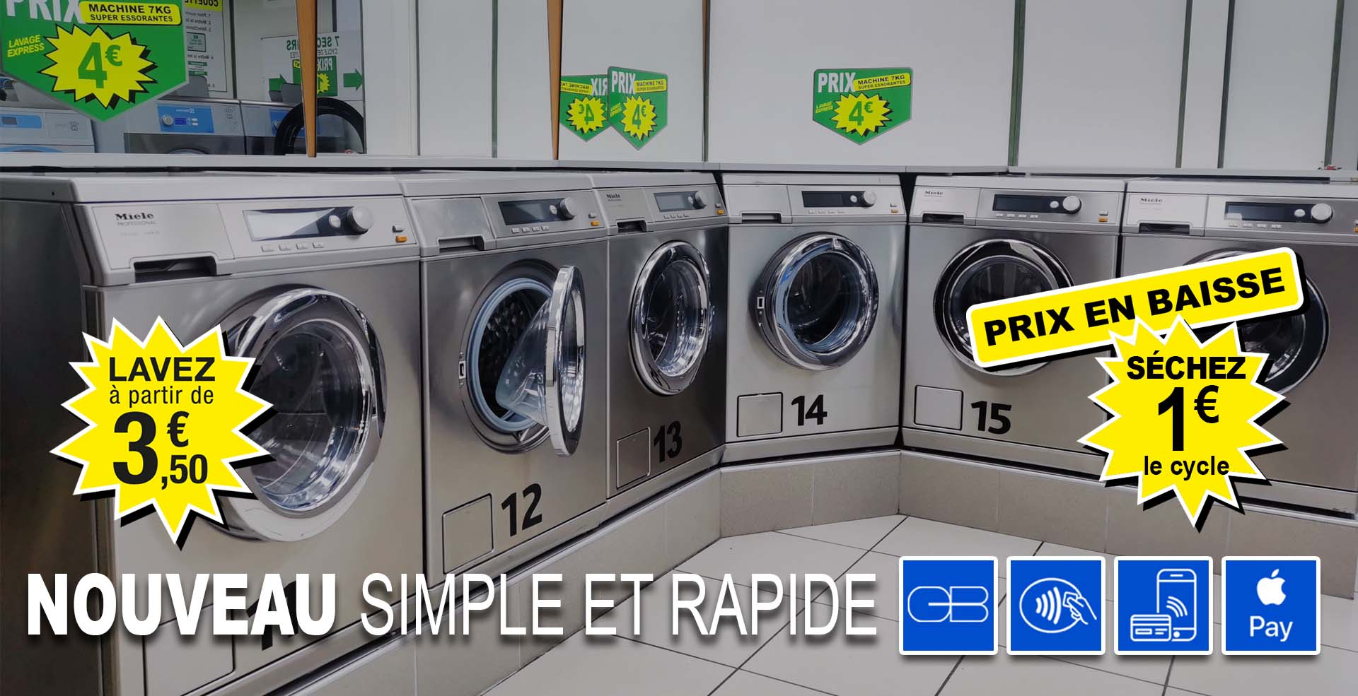 Laverie automatique MG rue Legendre 75017 Paris, machine 7 à 18kg et séchage 12kg